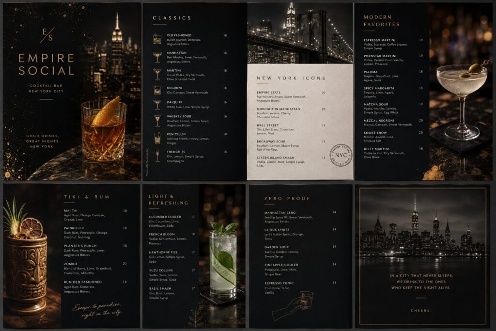 Black cocktail menu featuring whiskey, tiki and zero-proof drinks