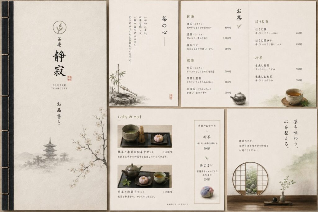 Japanese tea house menu featuring matcha and wagashi sets